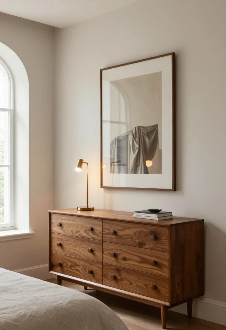 Medium-wide shot, angled toward dresser: Purposefully scaled art and mirrors—one commanding, soft-toned atmospheric artwork with a consistent frame above the bed and an arched mirror opposite the window to expand light; frames in unified finish; a slim picture light in antique brass casting a warm gallery glow on the art; reflections capturing drapery and a sculptural lamp for refined rhythm.