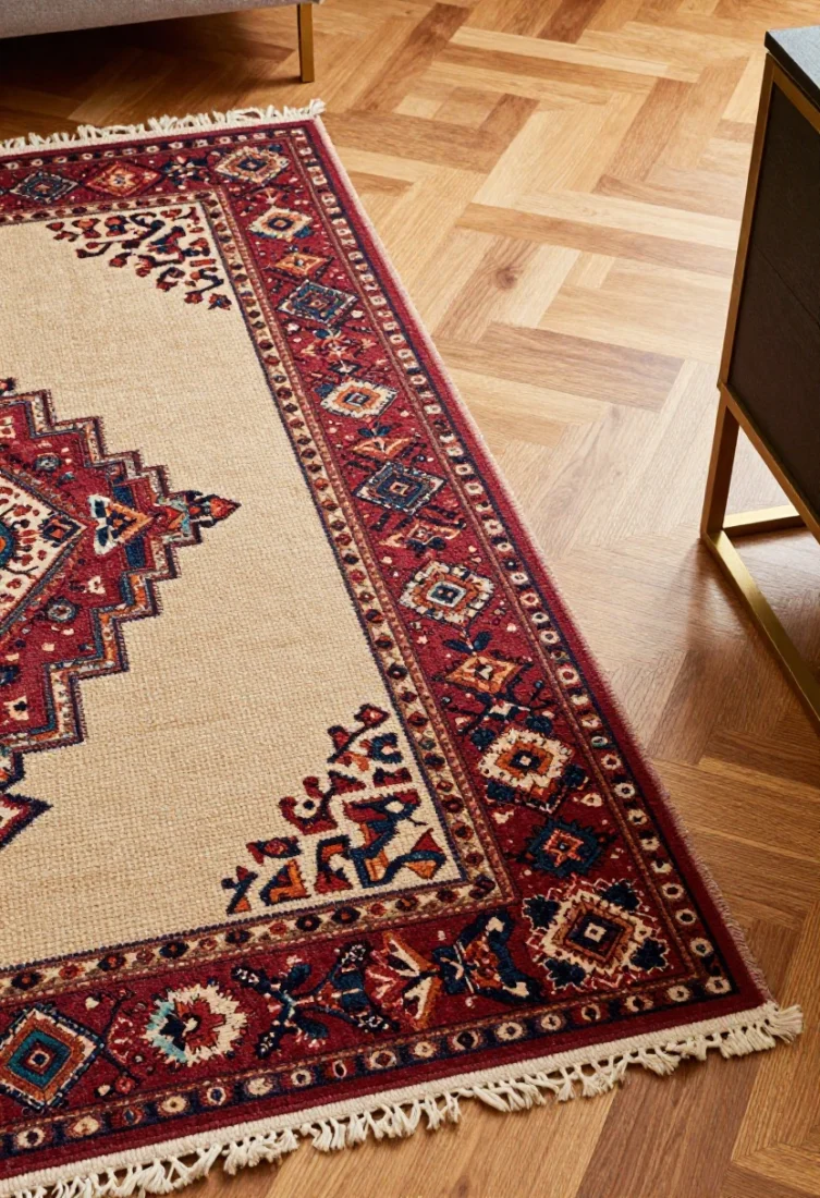 Overhead detail: Expressive rug layering—a vintage Persian in claret and peacock tones set over a natural sisal base; the edge of streamlined brass-legged furniture crisp against pattern; adjacent glimpse of painted checkerboard wood floor, warm ambient light grazing fibers, capturing premium materials and confident scale.