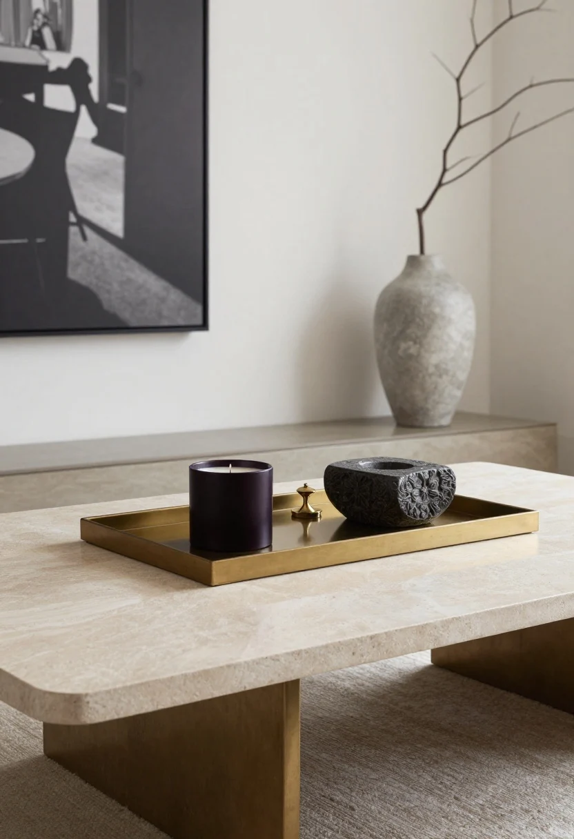 Overhead detail of a luxuriously restrained coffee table styling: a thin-brass-framed table with a honed stone top, limited to two or three elements—a lacquer tray, a candle with a brass snuffer, and a weighty carved stone object. Nearby, a glimpse of an overscale black-and-white photograph on the wall and a tall sculptural vase holding a single branch. Neutral palette with one deep accent hue subtly repeated. Editorial lighting with gentle shadows, immaculate surfaces.