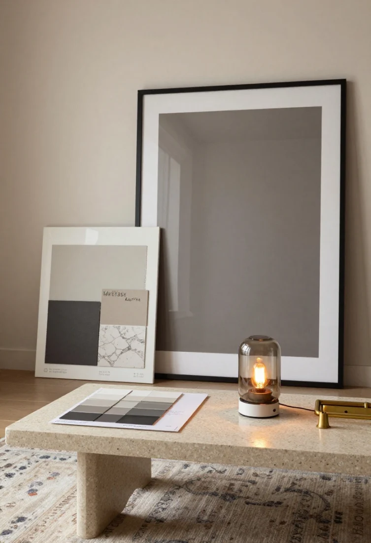 Overhead detail of a quick upgrade tableau on a travertine coffee table over a faded rug: mineral-painted sample board and limewash brush beside a boxed warm-dim bulb and a compact smoked-glass table lamp; a single large framed artwork ready to hang with a slim picture light nearby; swatches of charcoal-to-deep taupe wall tones and aged brass hardware; warm 2200K glow catching textures, suggesting instant mood transformation with refined, editorial styling.