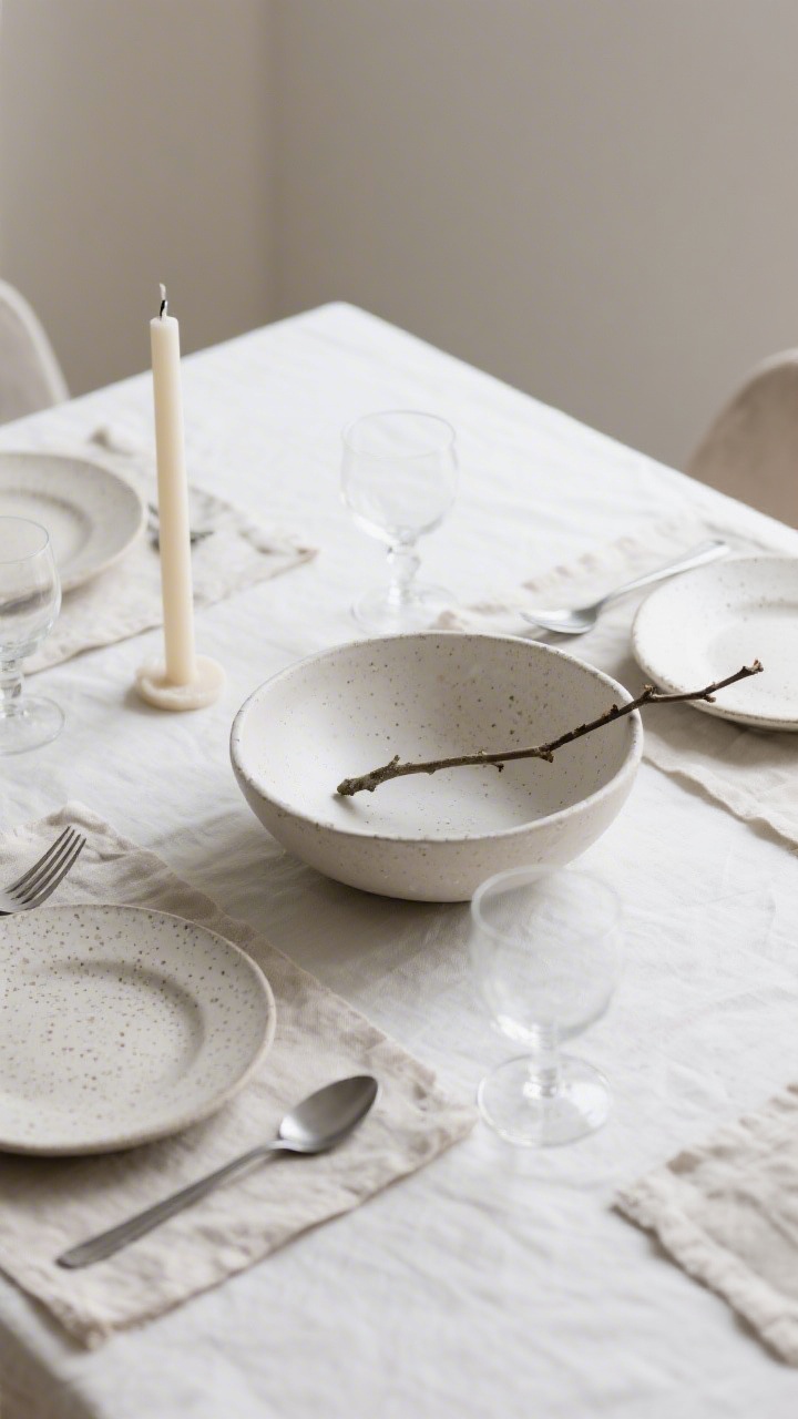 Overhead detail shot: A calm Scandinavian tabletop setting—one sculptural low bowl as the anchor centerpiece with negative space around it; linen placemats in a gentle neutral; matte stoneware dishes in speckled cream and soft gray; streamlined flatware and simple glassware; minimal yet elegant, ready to add a single fresh branch or taper candles for guests.