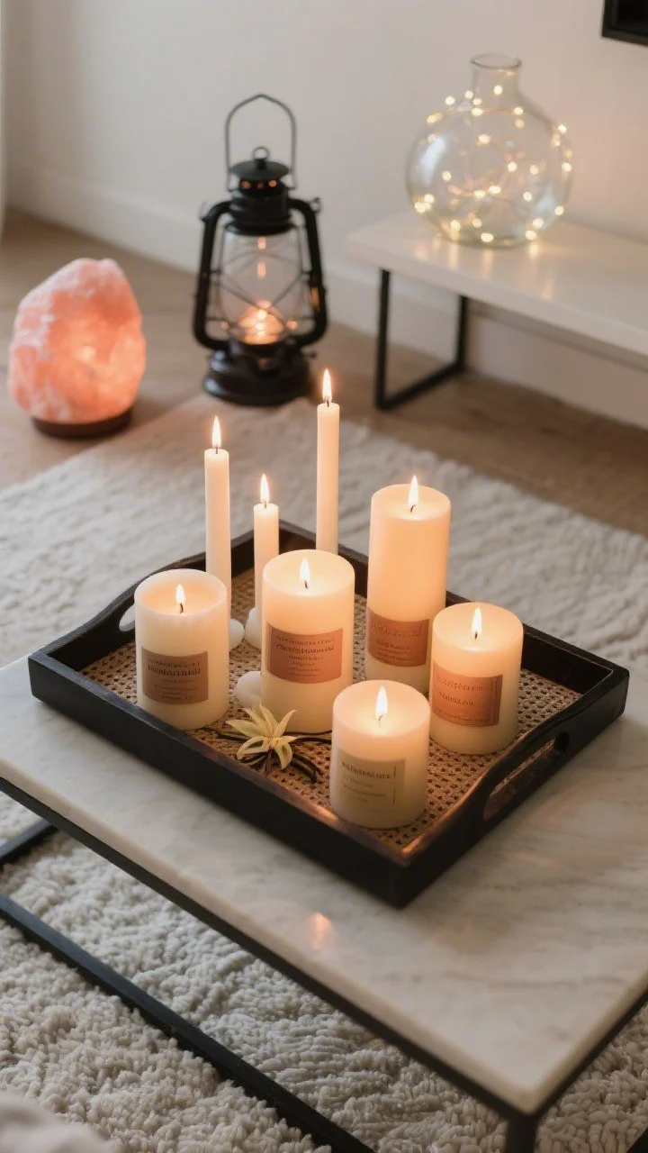 Overhead/detail shot: A styled coffee table tray with a curated cluster of candles at varying heights—mix of real and high-quality flameless pillars—casting flickering, warm light; a small black metal lantern on the floor nearby adds contained glow; a modest Himalayan salt lamp in the background contributes a rosy tint; delicate fairy lights tucked inside a glass vessel on a shelf add subtle sparkle. Include vanilla/amber/woodsy candle labels, all arranged intentionally, not chaotic.