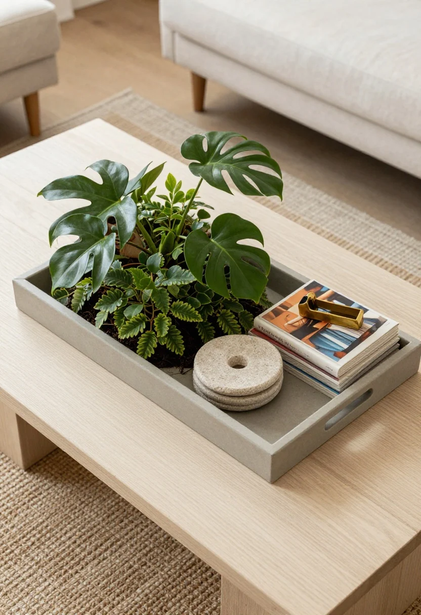 Overhead detail shot of a coffee table vignette: an anchoring tray corralling a medium, low-and-lush plant (peperomia or mini monstera), a sculptural object, and a small stack of art books; add a rough stone coaster and a brass match striker for texture pops; neutral tabletop (light wood or stone), jute or woven rug peeking at the edges; bright indirect daylight, tidy and intentional styling.
