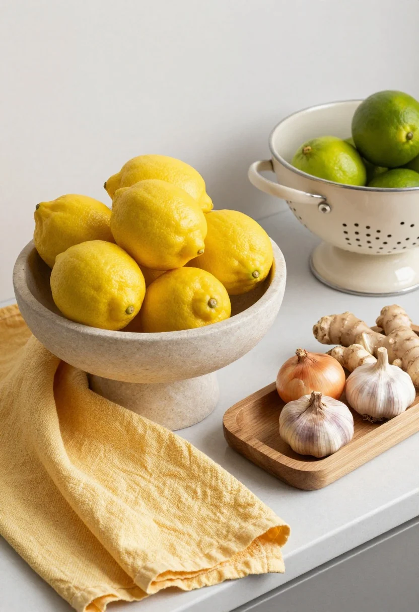 Overhead detail shot of a functional produce still life: a pale stone pedestal bowl piled with bright lemons (accent color), set on a softly wrinkled yellow linen towel for texture; beside it a shallow oak tray holds onions, garlic, and ginger; include a cream stoneware colander with a few limes resting inside; natural daylight, subtle shadows, focus on textures of citrus skin, linen weave, and wood grain; minimal surrounding counter space visible.