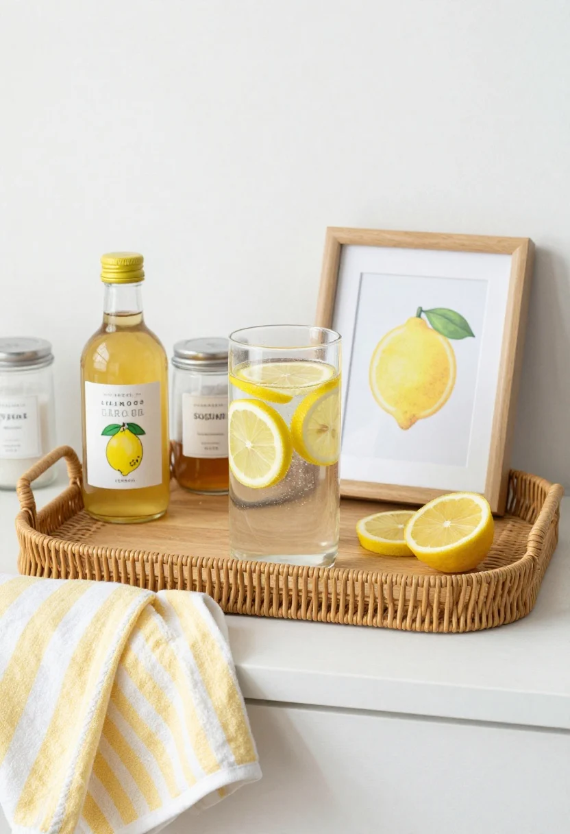 Overhead detail shot of a lemon-forward beverage station: wood or rattan tray base holding a glass carafe of sparkling water with floating lemon slices, labeled jars for tea, sugar, and honey with lemony labels, a bottle of lemon syrup, and a tiny framed lemon print propped at the back; a folded yellow-and-white striped towel peeking from the tray edge; bright, clean light emphasizing clarity and freshness
