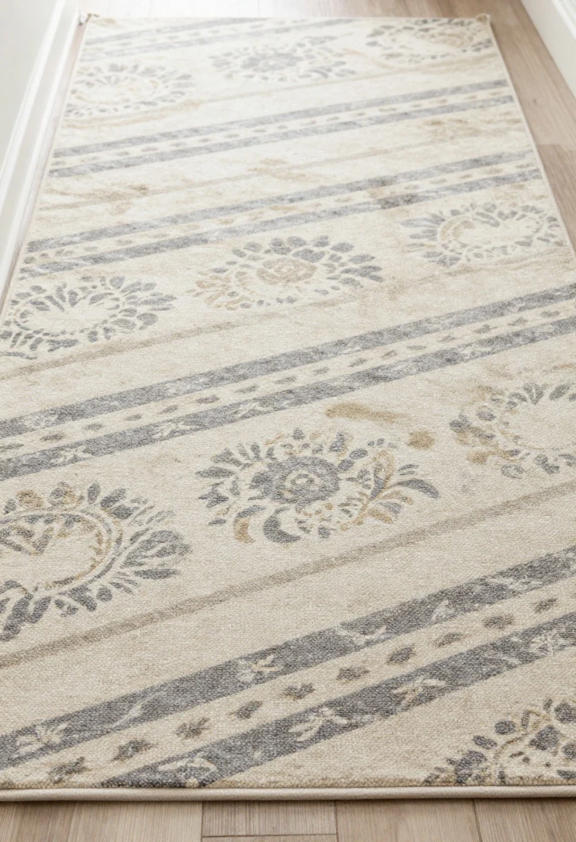 Overhead detail shot of a patterned entry runner that hides dirt yet feels springy: faded stripes or micro-florals with airy undertones, sized to leave 3–6 inches from walls; performance fibers like washable cotton or polypropylene; a visible rug pad edge hint for safety and cushy feel; photorealistic weave and pattern clarity.