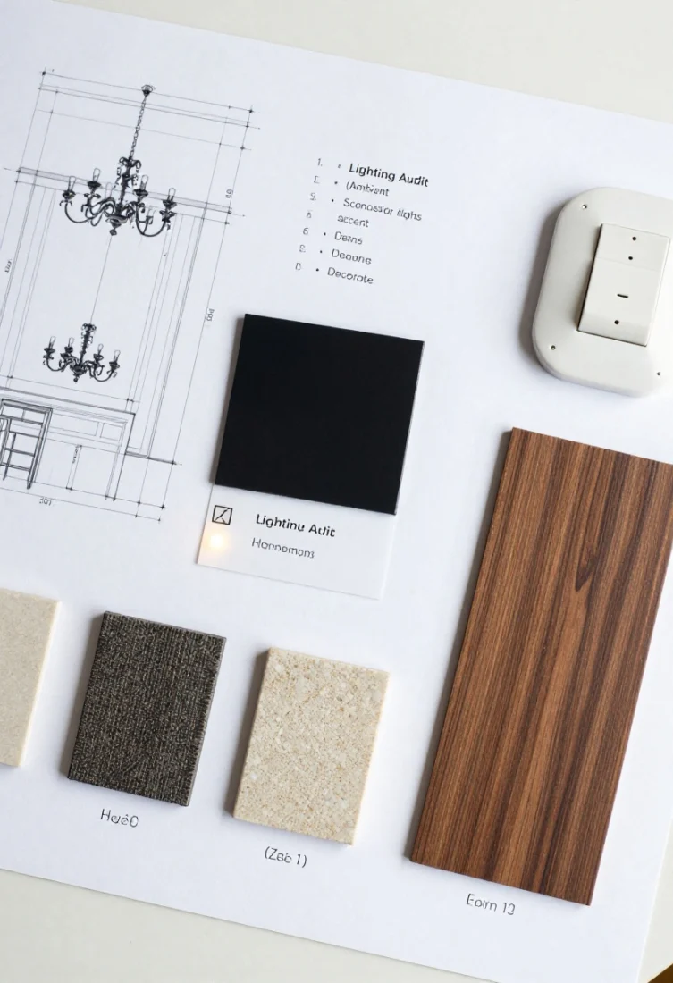 Overhead detail shot of a planning board on a designer’s table: painter’s tape layout sketch for art and millwork proportions, a lighting audit checklist noting chandelier (ambient), sconces/picture lights (accent), and candles (decorative), finish samples tested under a portable warm LED to confirm glow vs glare; a near-black paint chip, a honed stone sample, a grasscloth swatch, and a walnut veneer piece arranged with dimmer switch hardware; aspirational yet practical, with premium tools and finishes.