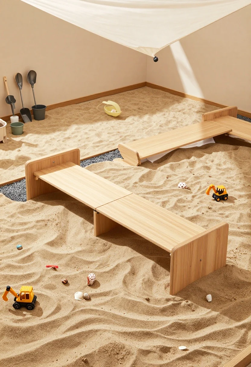 Overhead detail shot of a sandbox oasis: cedar-framed box with hinged lid folded into two bench seats, revealing clean play sand. Under-sand layers peek from a corner—landscape fabric, weed barrier, drainage gravel. A taut shade sail casts soft geometric shadows; nearby wall-mounted caddy holds metal scoops, funnels, and small buckets. A mini “construction zone” with toy diggers and a seashell treasure layer sprinkled in one quadrant; warm midday sunlight.