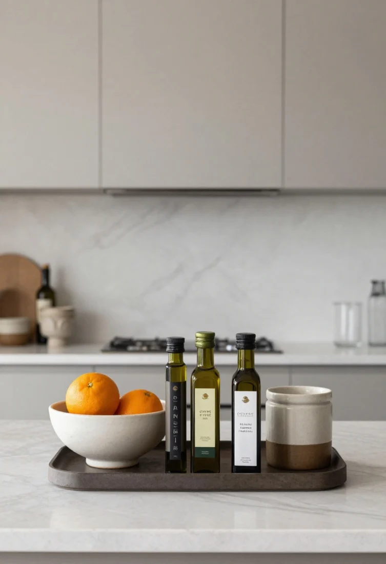 Overhead detail shot of a styled counter vignette: a slim tray corralling artisan olive oils, a sculptural ceramic bowl with seasonal citrus, and a cohesive set of matte ceramic canisters; grouped in threes with varied heights and shared materials; all kept below sightline to let the dramatic backsplash shine; pristine, curated luxury