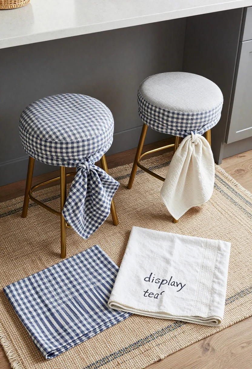 Overhead detail shot of washable cozy textiles layered in the kitchen: a cheerful patterned flatweave runner rug beneath, tie-on gingham seat cushions on two counter stools, and two tea towels—one pristine “display towel” in a coordinating stripe and one slightly textured “workhorse towel”; color accents repeat a hue from brass hardware; soft natural light emphasizing fabric weaves and easy-care textures