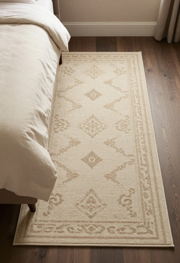 Overhead shot from foot of bed: Rug composition grounding a small bedroom—8x10 wool-silk blend rug in tonal Moroccan pattern extending 20 inches beyond the sides of a queen bed; rich texture underfoot with a quality rug pad implied by cushioned step; colors echoing bedding in cream and taupe; low- to medium-pile for refined profile; bed feet and nightstand legs resting elegantly on the rug.