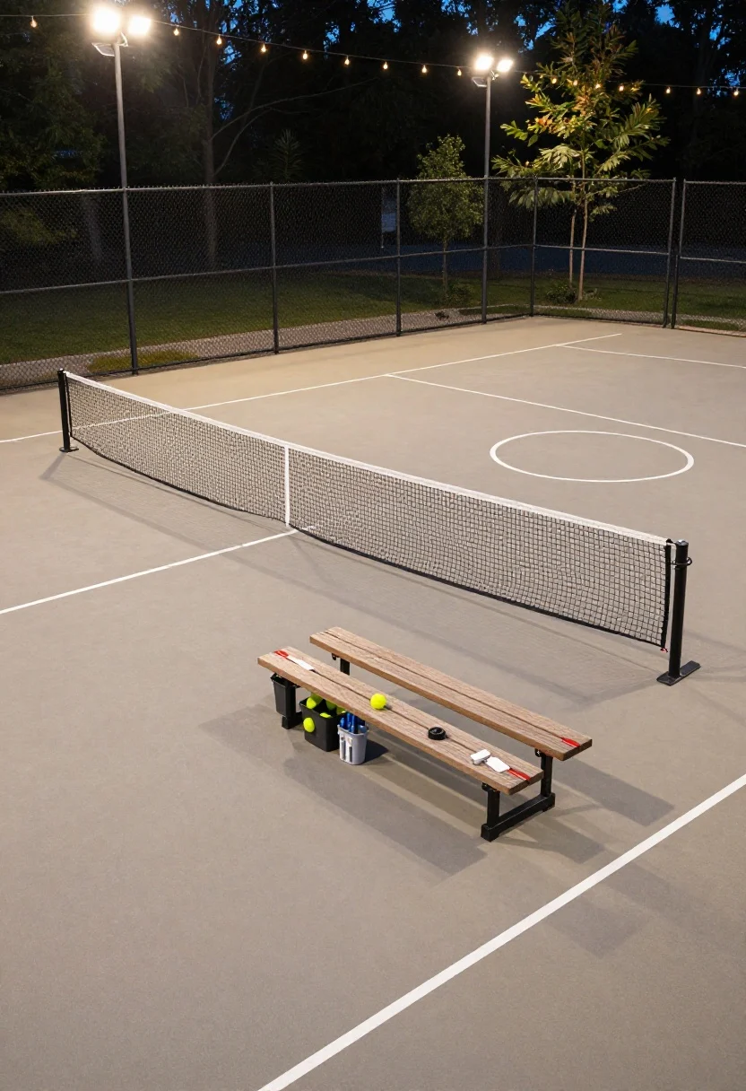 Overhead three-quarter shot of a multi-sport corner: smooth paver surface with subtle drainage slope, court lines for a half basketball key painted in a muted stone color. A removable net post system set to convert area for pickleball/badminton; weatherproof bench with labeled bins storing balls, pumps, and chalk. Evening scene with shatterproof cafe lights strung above and two solar floodlights aimed downward, creating camp-like glow without glare.