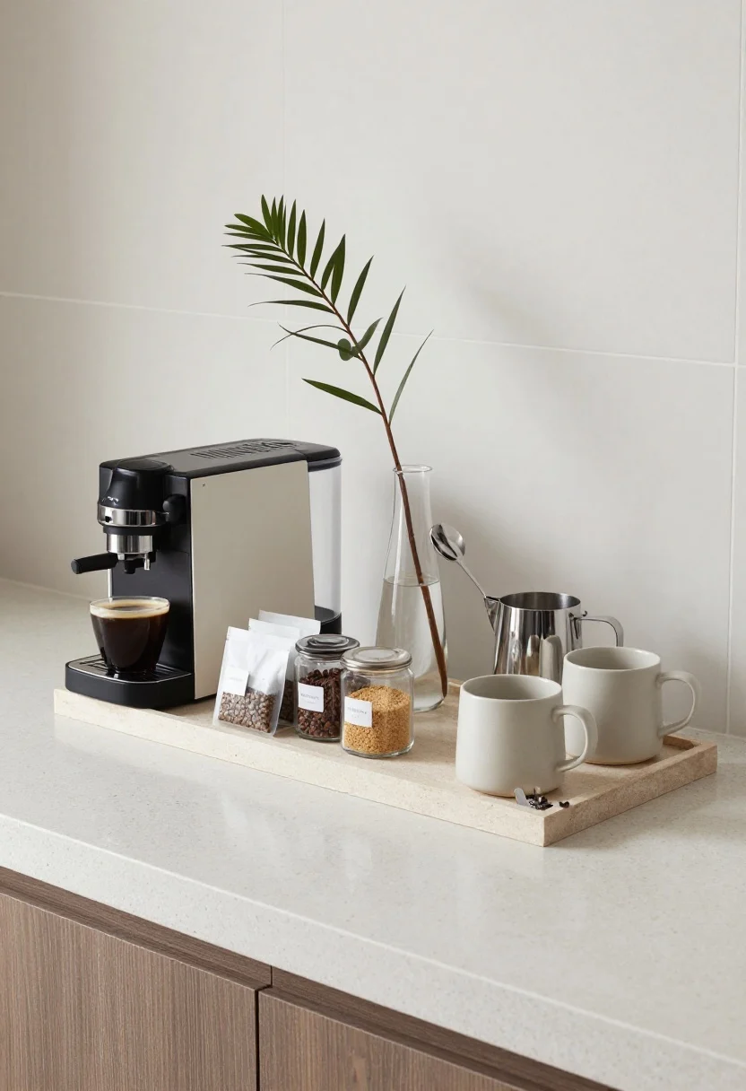 Photorealistic medium shot of a chic coffee and tea bar vignette on a matte white quartz countertop: a rectangular stone tray corrals a compact coffee machine, a low canister trio (beans, tea sachets, sugar) with minimalist labels, a slender glass bud vase with a single sculptural branch, a pretty metal scoop, handheld milk frother, and two display-worthy ceramic mugs; include a small matching catchall for spoons to prevent drip rings; soft morning light from the side, clean tile backsplash, intentional, uncluttered styling.