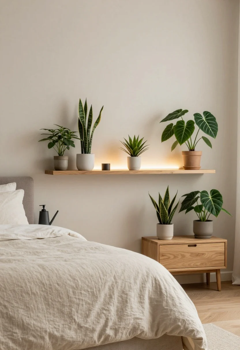 Serene bedroom, medium-wide shot curated for calm biophilic feel: neutral textiles (linen duvet, cotton sheets), light wood nightstands; soft-shaped plants such as calathea, maranta, and heartleaf philodendron providing gentle pattern; small snake plant or ZZ on a nightstand in a matte pot; a narrow floating shelf above the headboard with 2–3 petite plants and a dimmable sconce casting soft evening light; morning watering accessories absent; tranquil, spa-like atmosphere, slight corner angle.