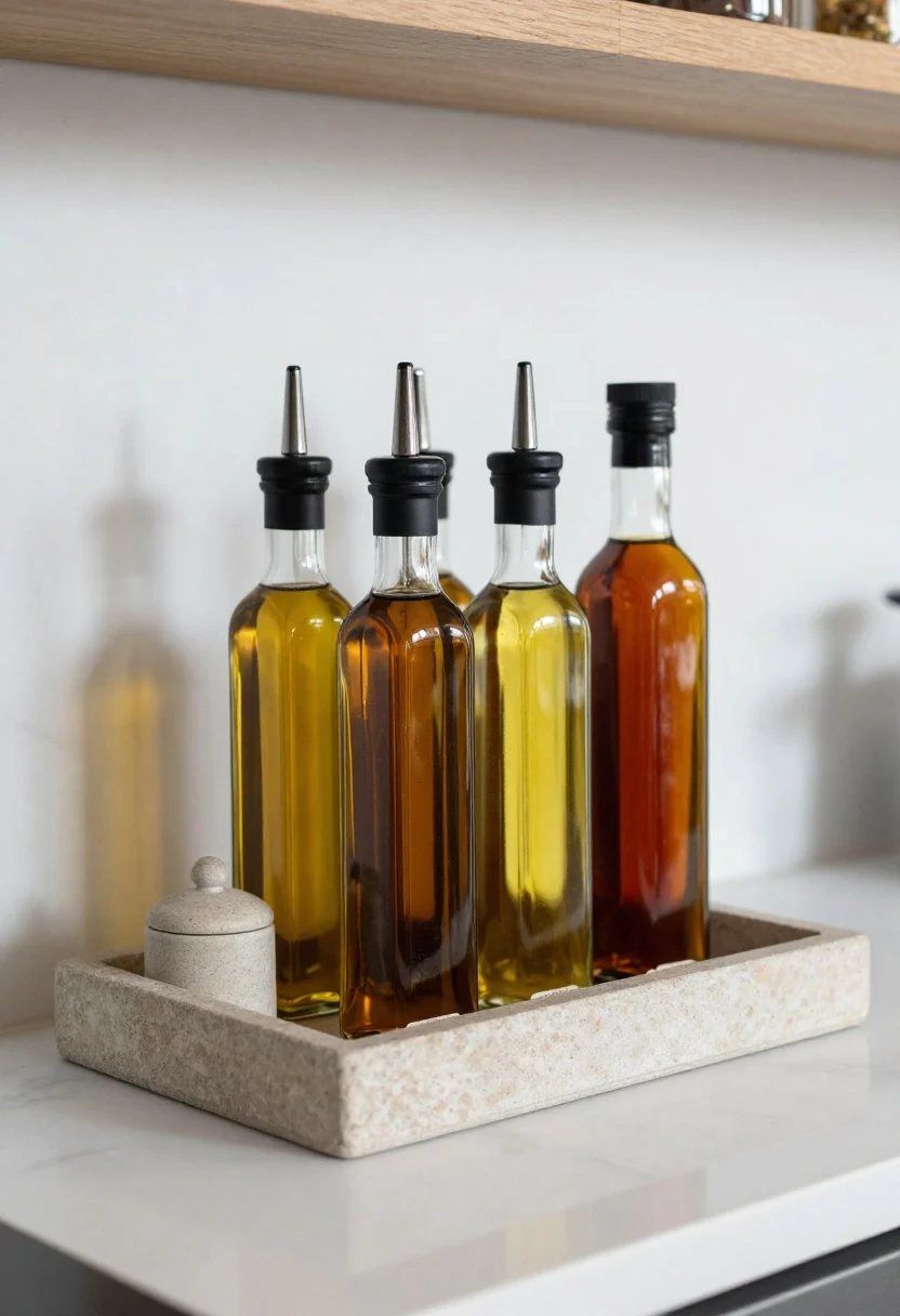 Straight-on medium shot of a chef’s oil and vinegar gallery: a lip-edged stone tray holds 4–5 matching amber and clear glass bottles with matte-black and stainless pour spouts, a lidded salt cellar in stone, and a distinctive statement bottle of chili oil; discreet labels on bottle bottoms implied; white marble backsplash, neutral counters, soft daylight highlighting glass reflections; restrained, professional aesthetic.
