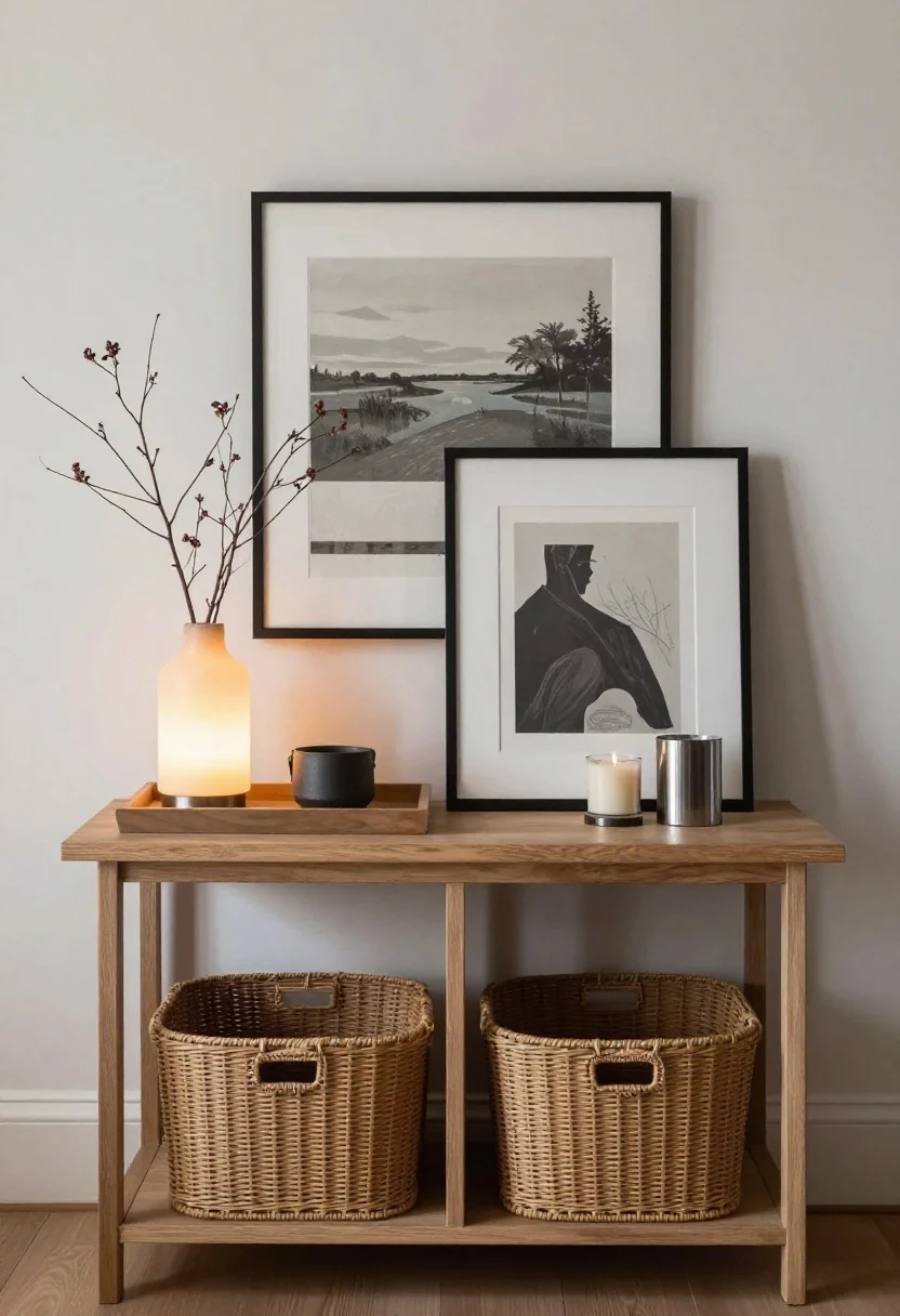 Straight-on medium shot of a hardworking console table as anchor: styled with a tray, a warm-glow lamp (height element with branches), layered framed art leaned behind (medium element), and a candle/trinket (small element); two lidded storage baskets tucked neatly below for hidden storage; balanced, purposeful composition under soft daylight.