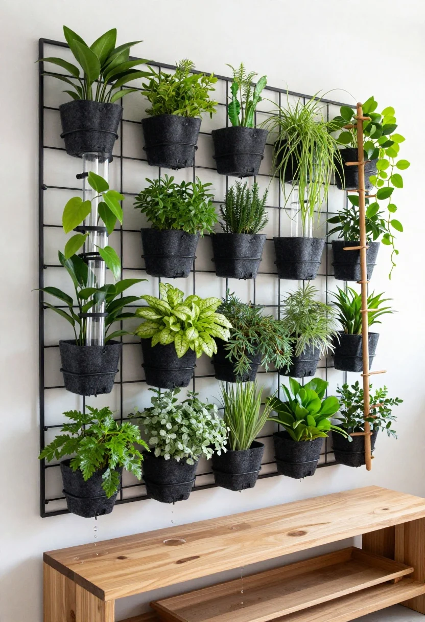 Straight-on medium shot of a living wall installation: black metal wall grid with clips holding lightweight pots and clear propagation tubes; adjacent felt pocket planters lined for drip control, filled with herbs and hardy houseplants; philodendron and hoya trained up simple wooden trellises for sculptural lines; water-friendly surface below—a wooden bench with a tray to catch drips; bright indirect daylight; cohesive, modular look, no clutter.