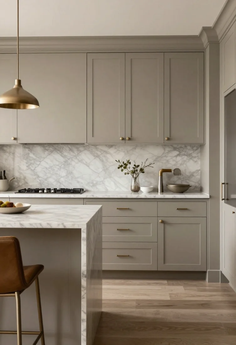 Straight-on medium shot of a monochrome one-wall kitchen in warm greige: matte lacquer cabinets, honed marble counters and backsplash in tonal shades, brushed nickel hardware with satin sheen, and soft linen runner; subtle contrast of sheen levels; leather-clad stools add warmth; tactile, tonal luxury with restrained palette
