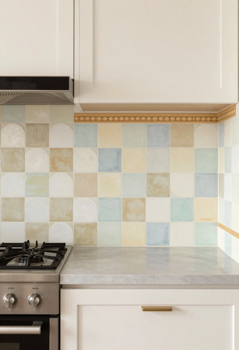 Straight-on medium shot of a playful backsplash moment behind a stove: scalloped peel-and-stick tiles in soft pastel tones with light, warm faux grout lines for a sunny cottage feel; adjacent area shows a hand-painted checkerboard panel in two muted hues with mild distressing; a short beadboard section capped with dainty trim at one end; cohesive, whimsical focal point with satin finish surfaces and warm ambient light