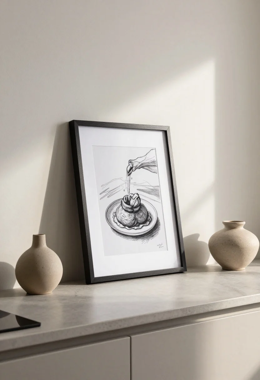 Straight-on medium shot of art that can take the heat: a small framed black-and-white food sketch with a sealed acrylic front leans against a backsplash; nearby sits a matte ceramic sculpture and a textured vessel; counters are uncluttered, art kept away from direct splash zone; warm afternoon light grazes surfaces, highlighting texture and giving the kitchen a soulful, gallery vibe.