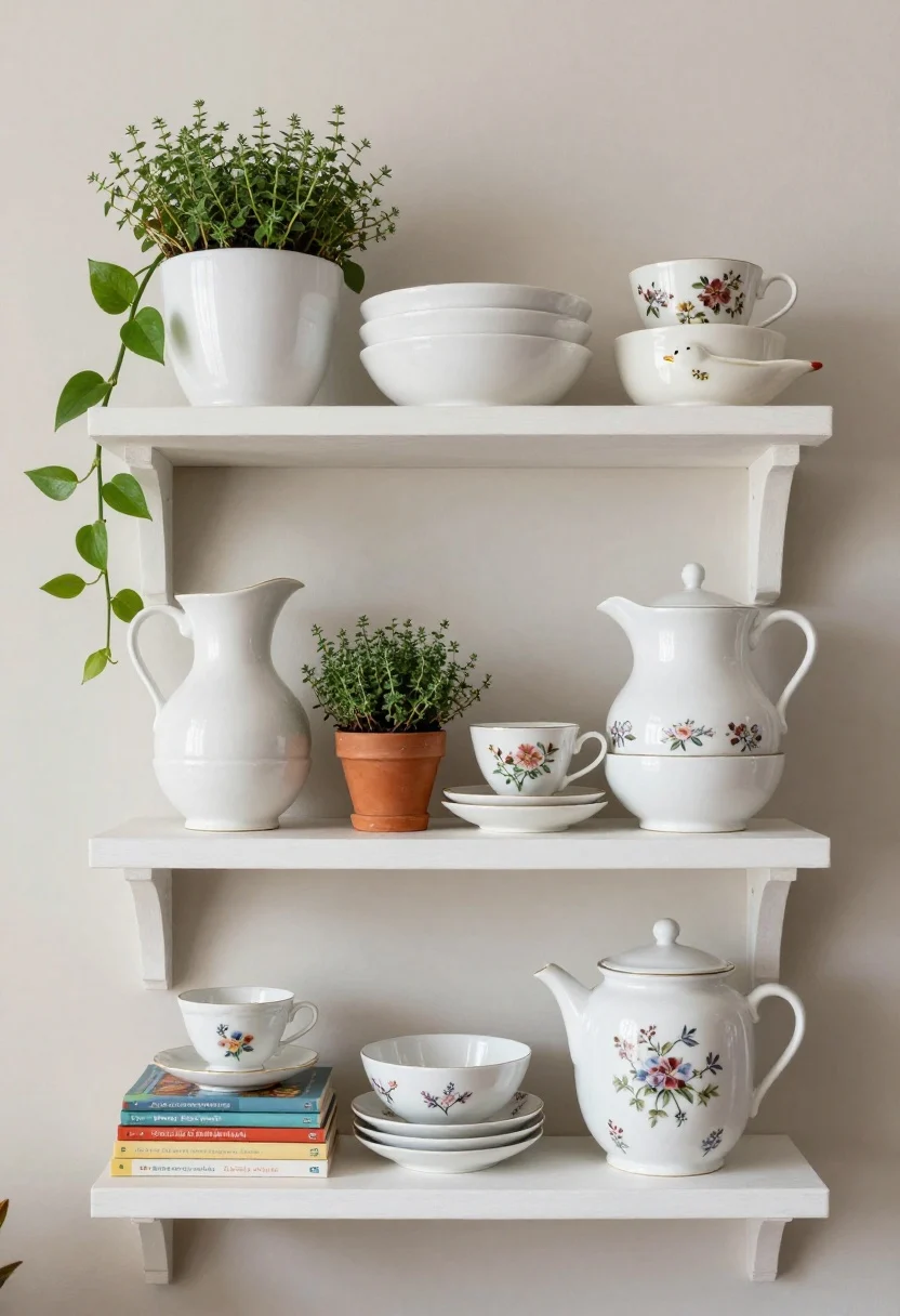 Straight-on medium shot of open kitchen shelves styled like a storybook: wavy white ceramics, vintage floral teacups, a tiny potted herb (thyme) in terracotta, and a short stack of colorful cookbooks with illustrated spines; groupings in odd numbers, varied heights (tall pitcher, bowls, squat jar), a trailing pothos draping off the top shelf; one whimsical object like a ceramic duck butter dish; gentle daylight, neutral wall backdrop