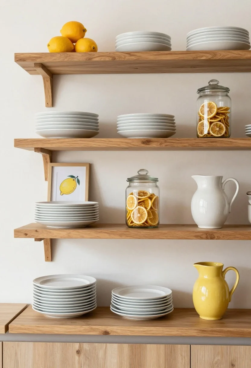 Straight-on medium shot of styled open kitchen shelves: 60–70% neutral items with pops of citrus—stacked white plates, a small framed lemon sketch leaning behind, glass jars filled with dried lemon slices and golden pasta, and a single standout lemon-hued ceramic pitcher; rule of thirds in clusters of three (tall, medium, low); warm natural wood shelves against a soft white wall; gentle under-shelf light to make citrus pop