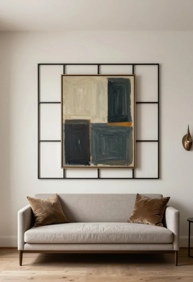 Straight-on medium shot: Purposeful wall decor above a slim sofa—either one large statement canvas in a restrained palette or a tight grid of black metal frames aligned precisely, with generous negative space around the composition. Vertical artwork elongates a low-ceiling wall; frames echo room’s metal finishes for cohesion. Walls free of shelves to avoid competition; polished styling with a single sculptural wall hanging on an adjacent wall. Soft spotlighting to give gallery-level presence.