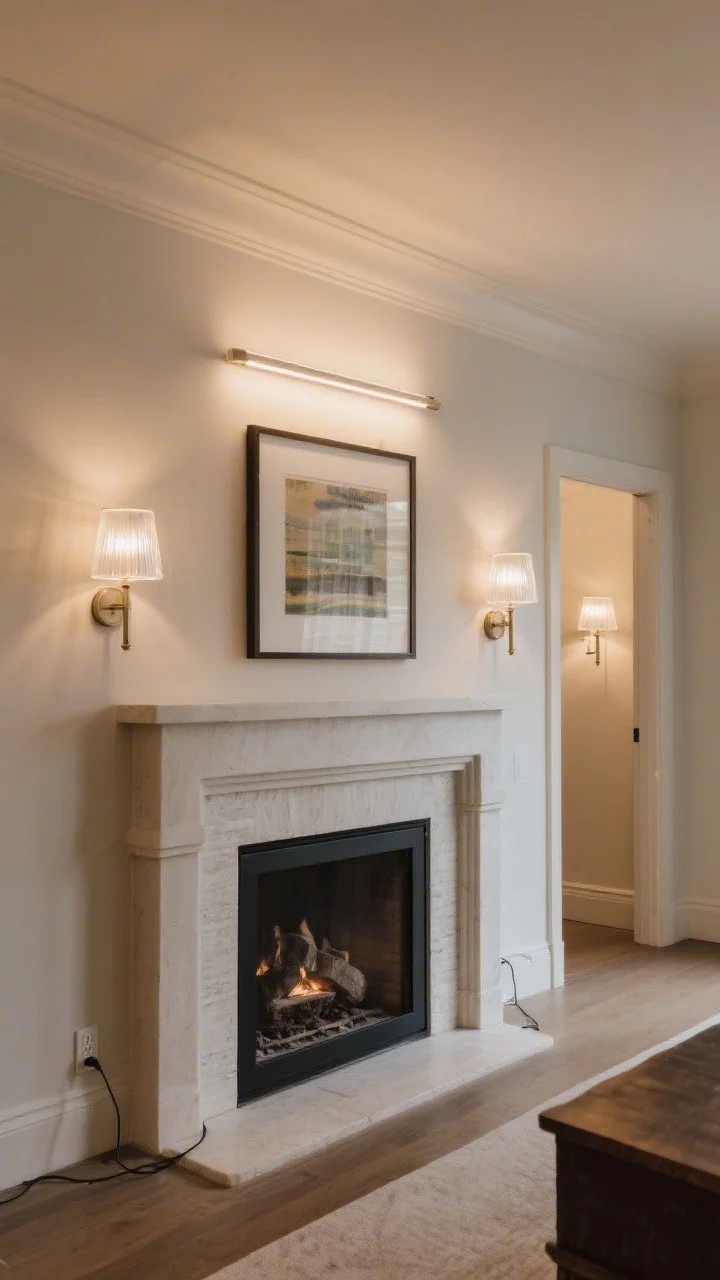 Straight-on view: A fireplace wall composed with symmetrical plug-in wall sconces on either side, each with frosted glass shades for a soft halo; above a framed art piece, a slim picture light adds museum-like emphasis. A hallway opening to the side features a matching sconce guiding the pass-through. Warm, diffused illumination without tabletop clutter, cords neatly routed, cohesive finishes, and a flattering, ambient glow.