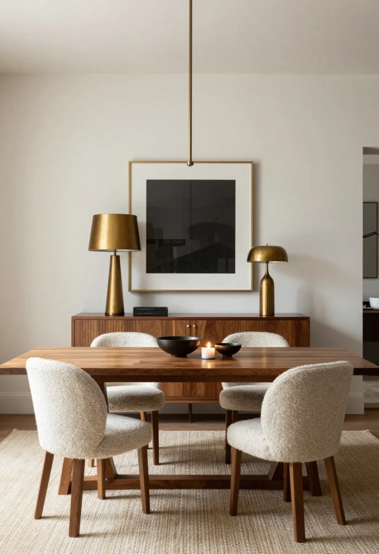 Styling vignette, medium shot: a slim credenza centered on the accent wall with a pair of tall buffet lamps in warm aged brass, a minimalist hero art piece above, and an edited tabletop; refined dining chairs in bouclé upholstery flank a sculptural wood table on a low-pile wool rug sized so chairs remain on the rug when pulled out; layered lighting with chandelier, picture lights, and candlelight on dimmers; negative space preserved for a luxury editorial look; finishes are premium and cohesive.