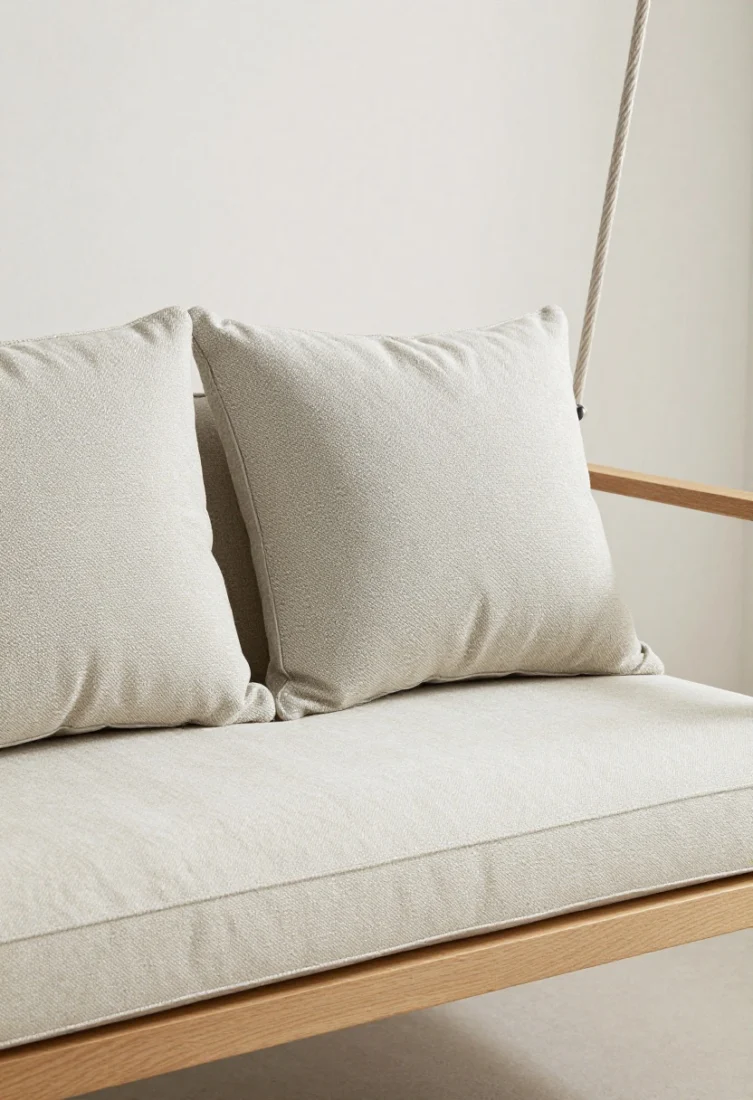 Tight, couture detail shot of premium outdoor cushions on a swing: solution-dyed acrylics with a soft weave, contrast piping and French seams, a bench-tufted seat, and a supportive lumbar; palette mixes two solids, one subtle pattern, and one texture-forward neutral; consistent cushion depths shown in alignment; soft natural light grazing the textiles to underscore craftsmanship and elevated tactile quality.