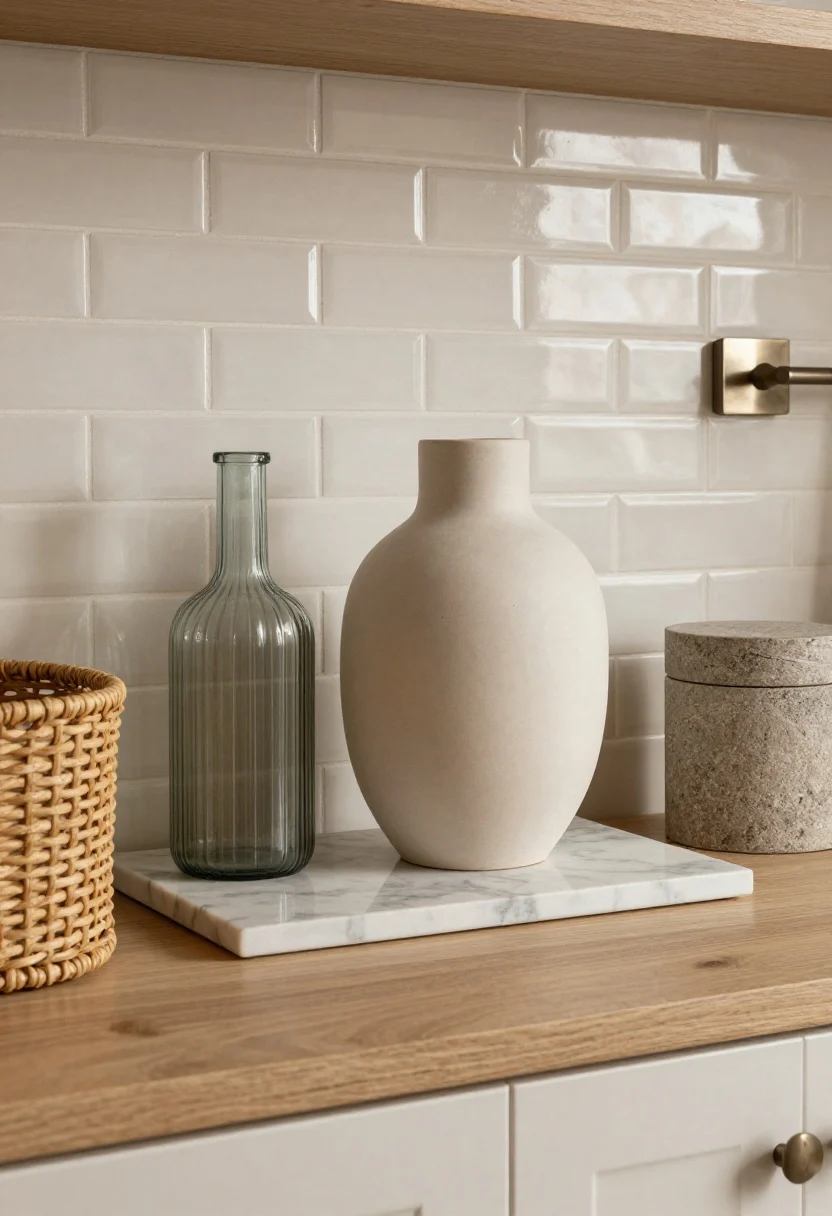 Tight detail shot highlighting layered textures: on a marble tray sits a matte ceramic sculptural vase, next to a ribbed glass bottle; beside them a woven rattan basket edge enters frame with glossy subway tile reflections and a small brushed metal accent; include a wood pedestal base partly visible and a stone canister top; raking side light to make textures pop, neutral warm palette.