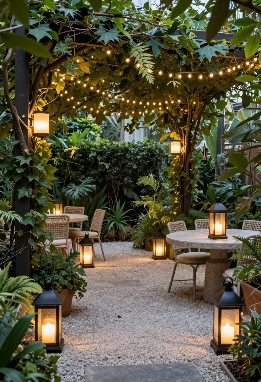 Twilight medium shot of a garden dining corner with layered lighting: festoon lights overhead forming a soft canopy, frosted-glass wall sconces for mid-level glow, and discreet warm-white (2200–2700K) path markers tracing a gravel walkway; lanterns on a stone side table; lighting warm, dimmable, and gently directional to enhance foliage texture; polished, uncluttered composition; no people.