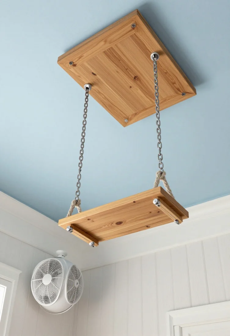 Upward-angled medium shot focusing on ceiling statements above the swing: stained cedar box beams aligned precisely with swing chains/ropes for perfect sightlines; a pale blue painted ceiling softly refracting daylight; a low-profile outdoor-rated fan in matte white receding visually; optional beadboard panels adding subtle classic texture; canopy plate and hardware finish matching chains for cohesion; elegant, architectural overhead detail balancing the scene.