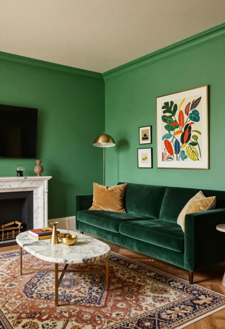 Wide concluding scene: A cohesive maximalist living room illustrating “layers with logic”—saturated bottle-green walls, a high-gloss ceiling, patterned floor rug anchoring seating, a velvet sofa, travertine and brass accents, a curated gallery wall, and monumental lighting; repeated color threads and textures, negative space preserved, all lit with layered warm light for breathing boldness.