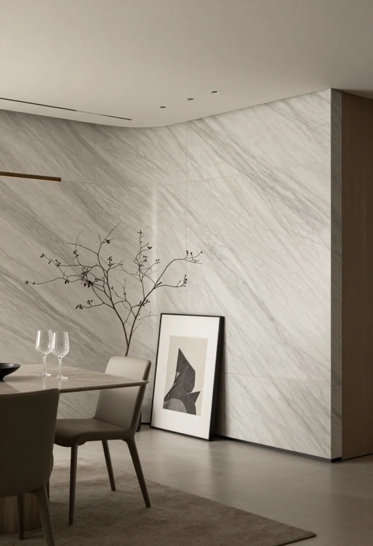 Wide, corner-angle shot of a dining room accent wall clad in honed marble bookmatched slabs with expressive veining, minimal grout lines for a serene, gallery-like effect; slimline picture lights and discreet ceiling spots angled to graze the stone, making crystal stemware and metallic cutlery sparkle by contrast; a sculptural console in front with a single overscale artwork leaned or a tall branch arrangement; honed finish reads tactile and soft, avoiding glare; restrained styling and premium materials, showcasing natural drama and architectural presence.