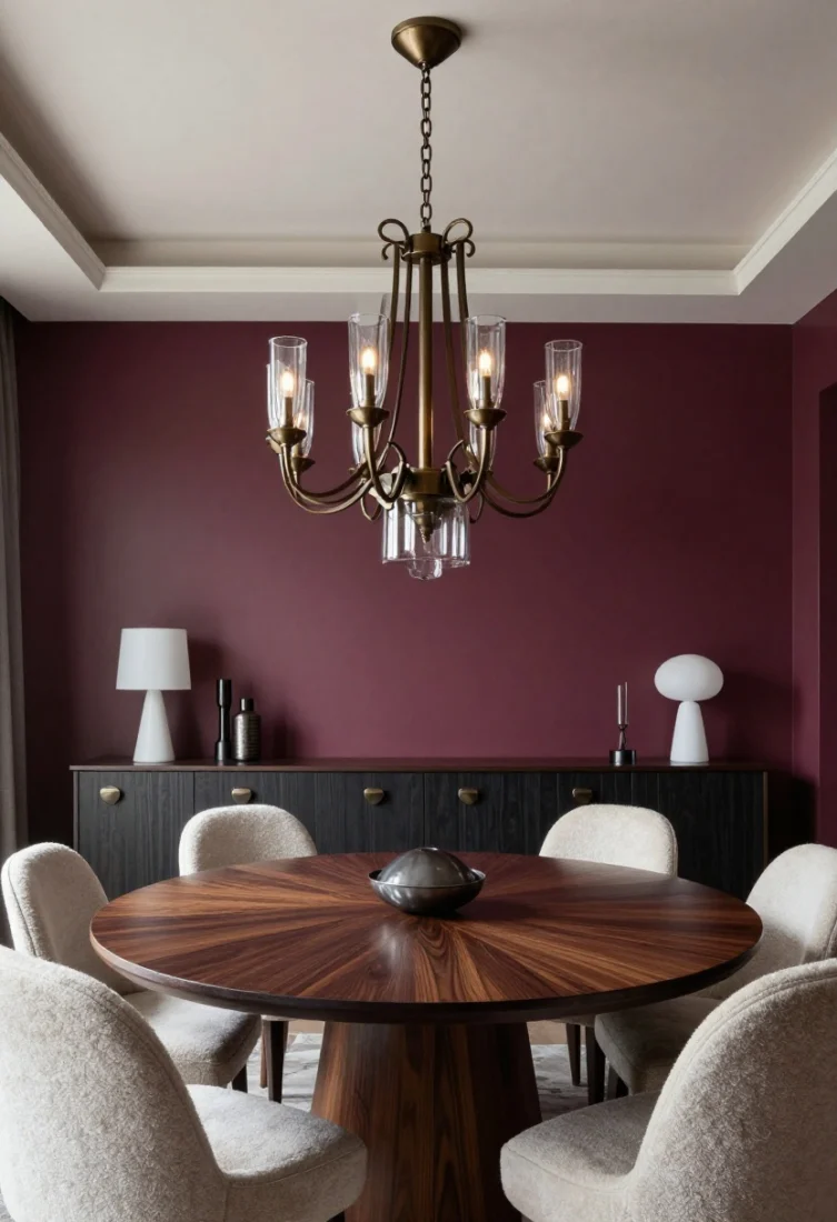 Wide dining area: A monumental tiered chandelier in smoked glass and bronze centered above a dark wood table; layered lighting with alabaster sconces and pinpoint art lights, mixed metal finishes echoed in cabinet hardware; saturated aubergine walls, dimmable warm 2700–3000K glow, plush mohair dining chairs, and polished marble accents for an architectural, dramatic statement.