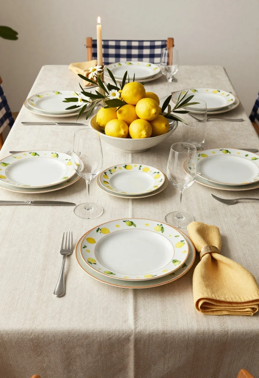 Wide dining table scene set lemon-luxe: neutral tablecloth or rattan placemats as base layer, classic white dinner plates with a colored rim topped by a lemon-print dessert plate, solid yellow or sage napkins with simple rope or brass rings, and a low centerpiece—bowl of lemons with olive branches or chamomile flowers; for alfresco vibe, include navy striped runners and battery taper candles; golden-hour lighting