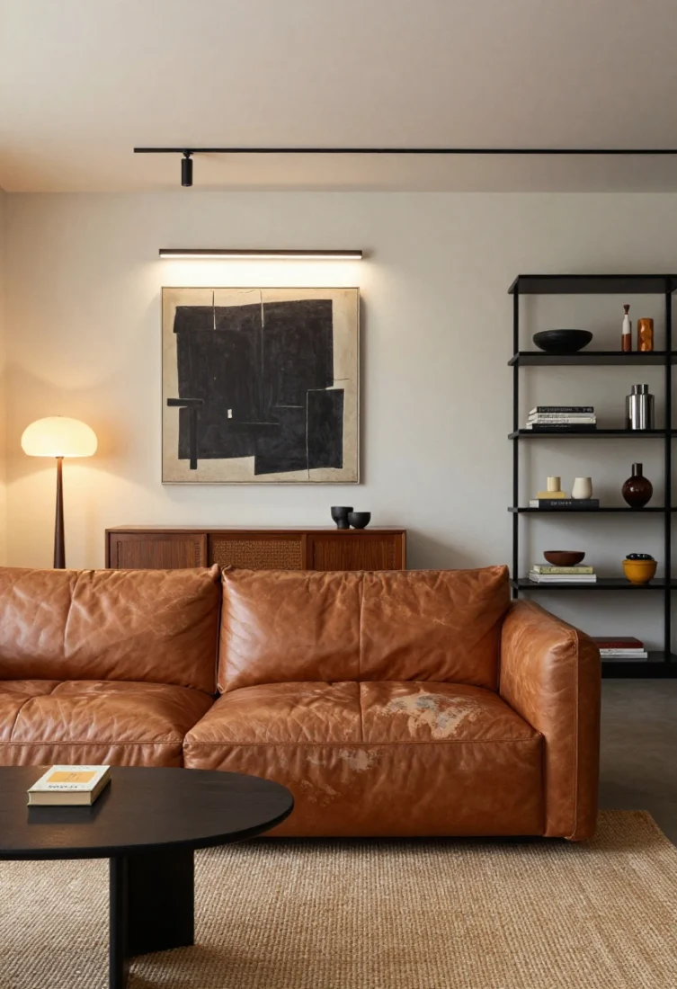 Wide editorial scene highlighting prioritized categories: a low, deep leather sofa on a large sisal base rug layered with a faded overdyed vintage; dim-to-warm sculptural floor lamp and a linear picture light illuminating a large-scale abstract; a cane-front credenza providing elegant storage; blackened metal shelving with curated objects; palette of charcoal, tobacco, and espresso with a restrained accent hue; polished styling, premium materials, and layered lighting create a luxe-grunge statement.