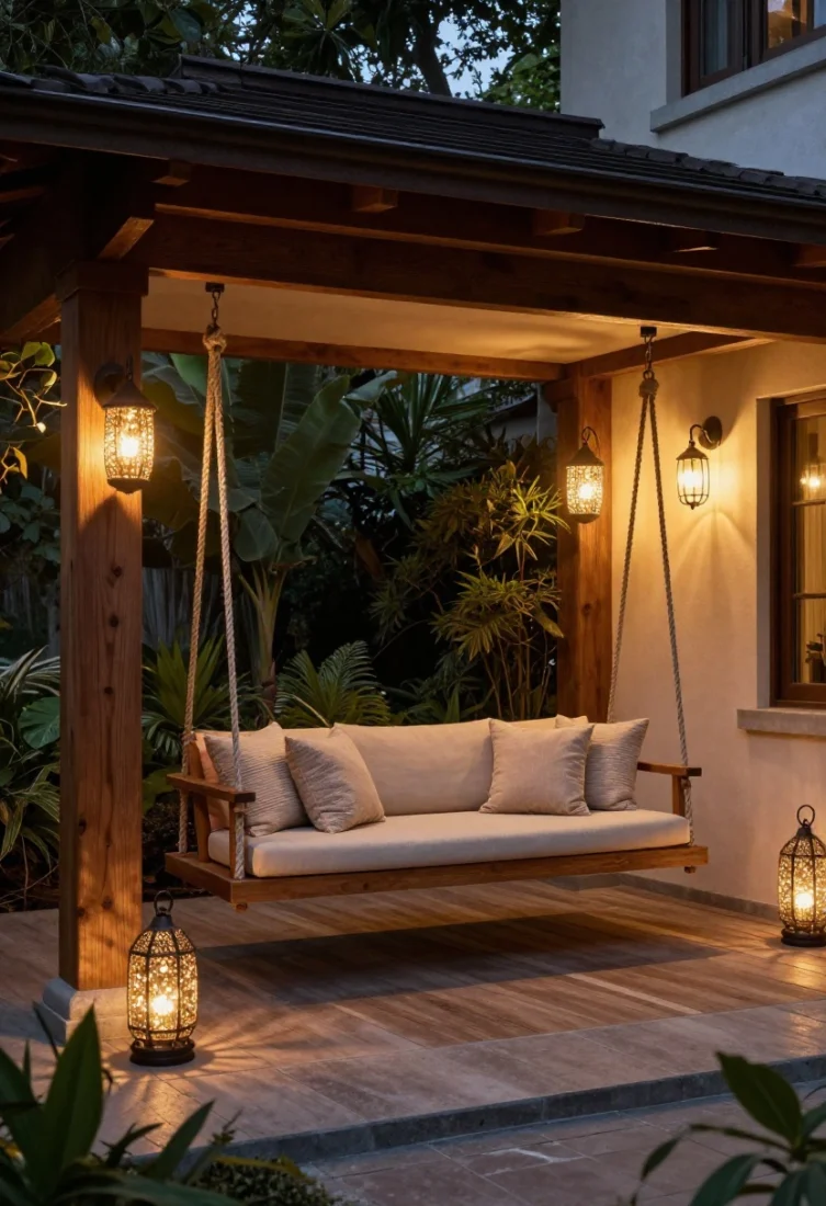 Wide, evening porch scene centered on layered lighting around a swing: a fabric-shaded outdoor pendant providing ambient glow, dimmable wall sconces at eye level framing the seat, and two to three lanterns at staggered heights adding sparkle; warm 2700–3000K LEDs revealing wood grain, rope texture, and cushion fabrics with depth; polished styling and balanced contrast for a destination-worthy, luxury editorial look.