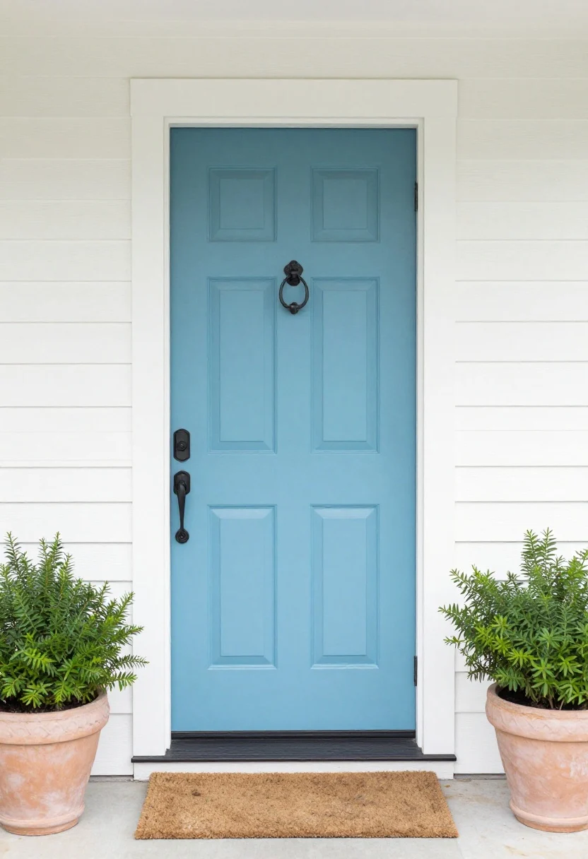 Wide exterior shot of a spring entry with a boldly painted front door in robin’s-egg blue, satin finish, paired with matte black hardware (handle and knocker), a simple neutral doormat, soft morning natural light; glimpses of the same blue echoed inside on a pillow just beyond the doorway; clean siding, subtle potted greens, photorealistic, no people.