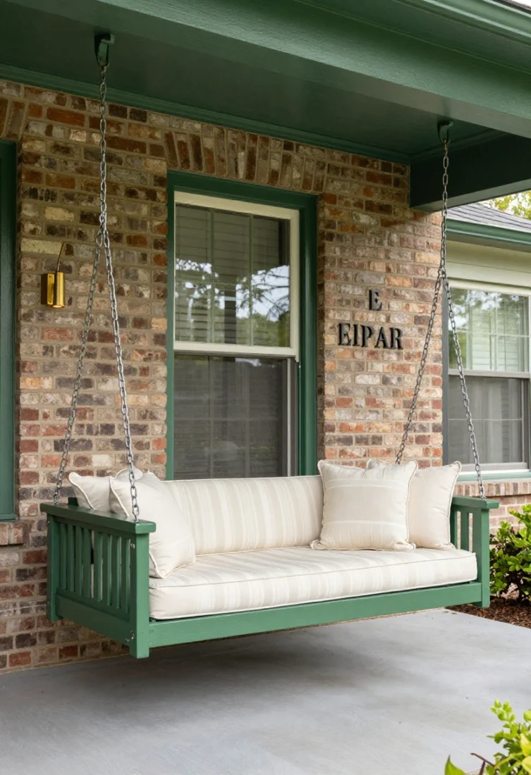 Wide front-porch scene of a classic porch bed swing suspended by substantial chains; frame painted in lacquered deep green with coordinated ceiling hooks; cushions with crisp piping in cream and a tufted striped lumbar for quiet luxury; a slim brass picture light grazing adjacent brick paneling; hardware finish harmonized with house numbers; soft dusk lighting and polished styling details evoke updated Southern charm.