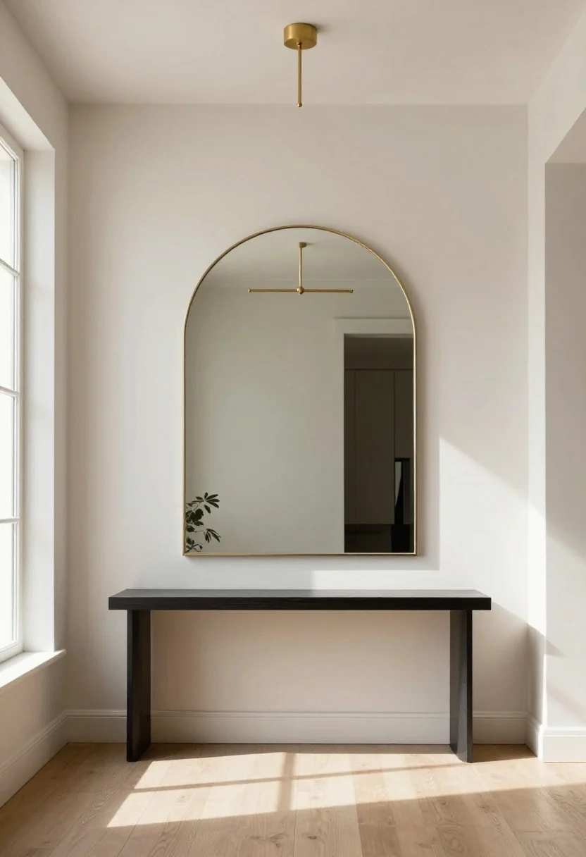 Wide interior entry shot featuring an oversized arched mirror centered above a console, hung opposite a window to bounce natural light; a slim brass picture light above the mirror for art-gallery energy; bright, airy mood with reflections enlarging the space, minimal styling on the console, photorealistic.