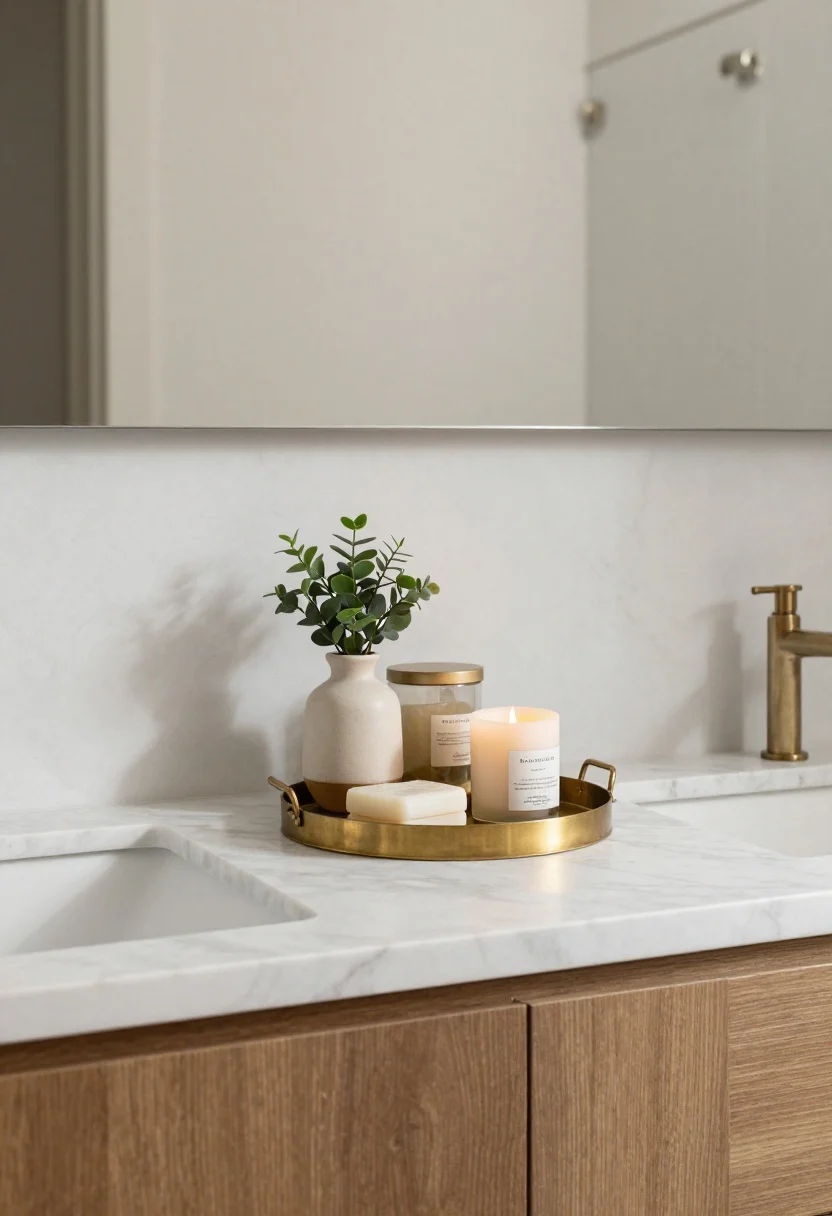Wide, inviting final scene of the bathroom counter that synthesizes the ideas: a coordinated brass-matched tray with soap, candle, and small vase; a petite plant in ceramic; layered textures (marble, wood, glass); a subtle scent element; one labeled canister; and a single vintage accent; uncluttered, edited arrangement under soft morning light, photorealistic and functional-beautiful balance.