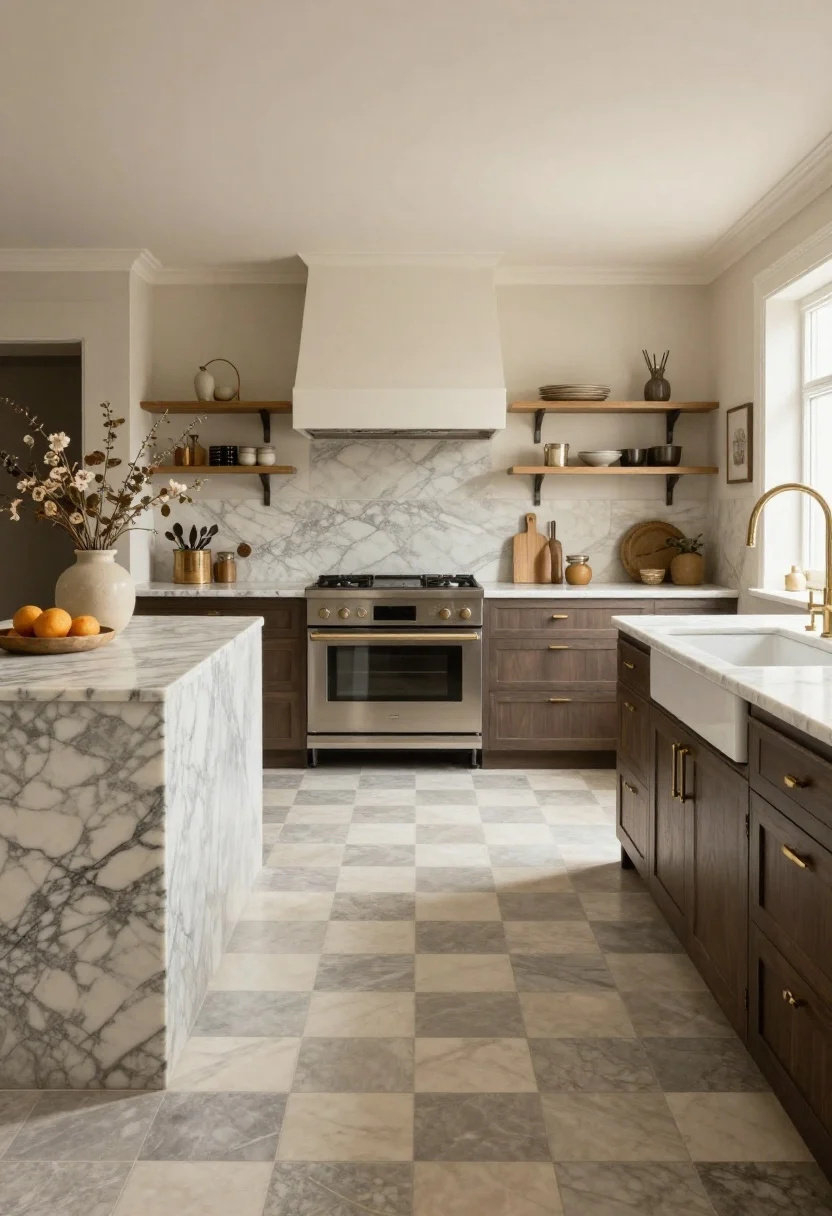Wide kitchen floor-forward shot: A space featuring a honed cream-and-soft-gray checkerboard floor (12–16 inch tiles in a larger room) paired with viola marble counters; matte finishes, subtle vintage runner layered down the galley; neutral walls, warm ambient daylight; whimsical old-world vibe without competing with the stone; no people.