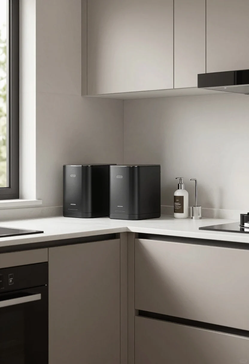 Wide kitchen shot, corner angle: a built-in counter soap dispenser installed next to a modern faucet, finish perfectly matched (choose matte black or chrome). Seamless countertop with no extra bottles; two built-ins labeled discreetly for dish soap and hand soap. Under-cabinet task lighting and daylight from a nearby window create a crisp, functional scene; photorealistic.