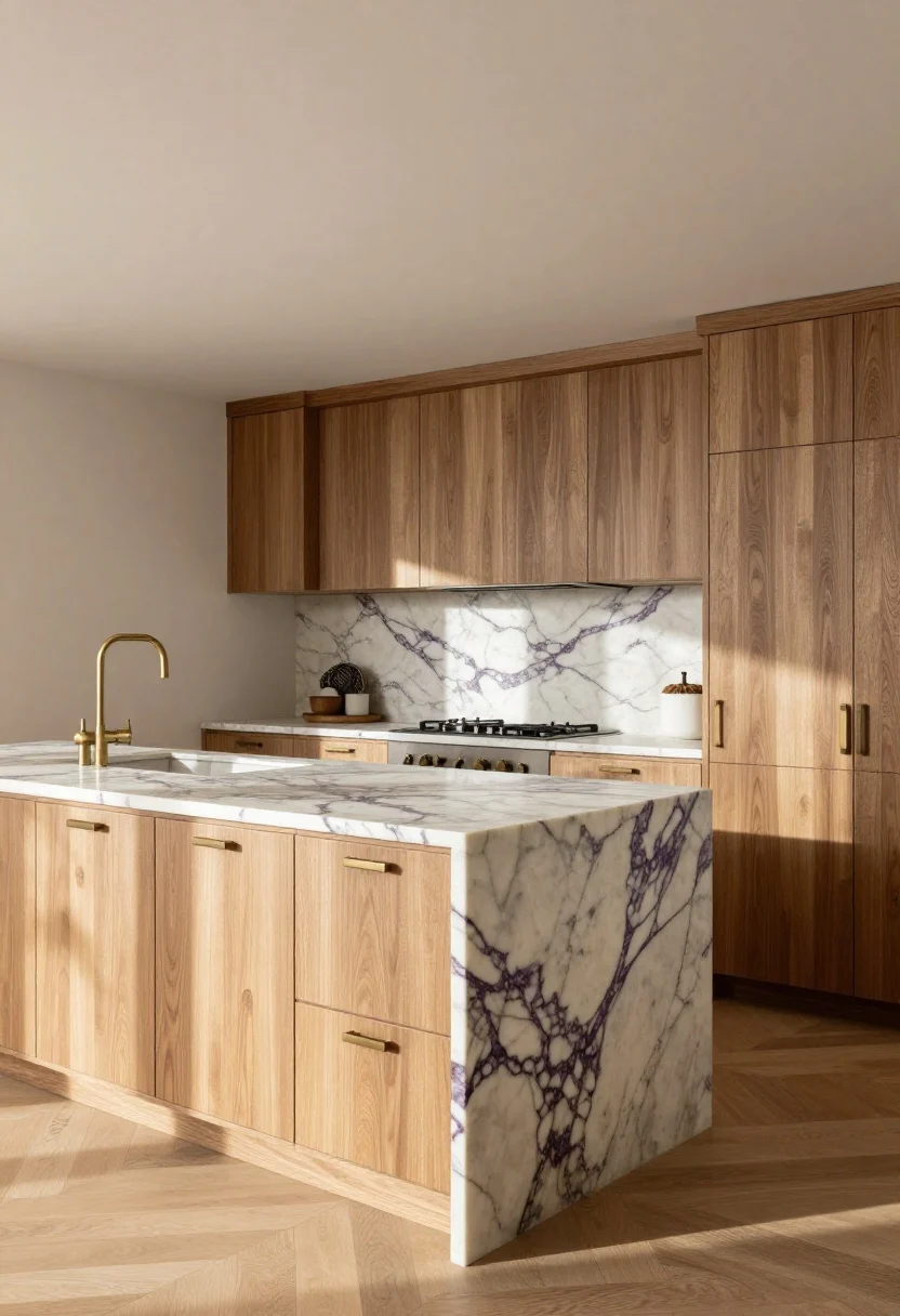 Wide kitchen view: Viola marble countertops paired with warm wood cabinetry in matte-finish walnut and rift-cut oak, burnished brass or oil-rubbed bronze pulls, and herringbone oak flooring; the scene feels grounded and luxe with creamy stone and dramatic purple veining; soft natural morning light warming the wood grain, neutral walls; no people.