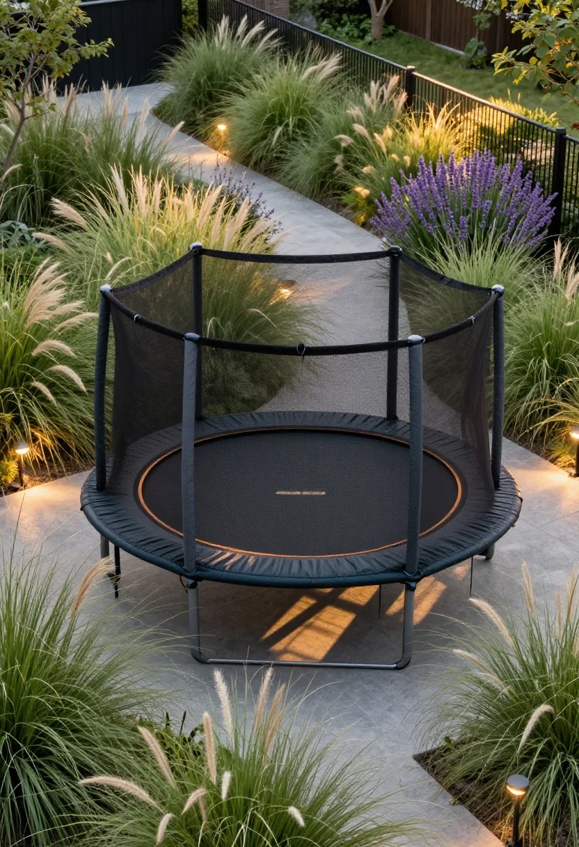 Wide landscape view of a trampoline terrace: low-profile black-mesh trampoline set slightly in-ground, surrounded by swaying ornamental grasses—feather reed grass, lavender, dwarf miscanthus—creating a soft green screen. Net enclosure with padded poles and zippered entry clearly visible, at least 5 feet clearance from fences and trees. Discreet solar stake lights lining a subtle path for dusk bouncing; golden-hour lighting with long shadows.