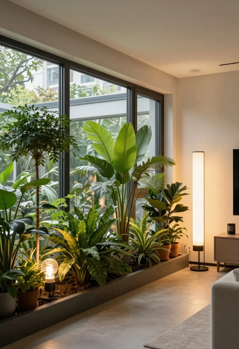 Wide living area showing layered plant lighting like a subtle greenhouse: natural light from windows plus discreet full-spectrum grow bulbs installed in a floor lamp and a table lamp; clearly defined zones—bright corner with high-light plants, a middle area with medium-light plants, and a farther nook with low-light plants; smart plug timer discretely visible near a lamp; warm-white bulb temperature maintaining cozy ambiance; modern, uncluttered styling, straight-on composition.