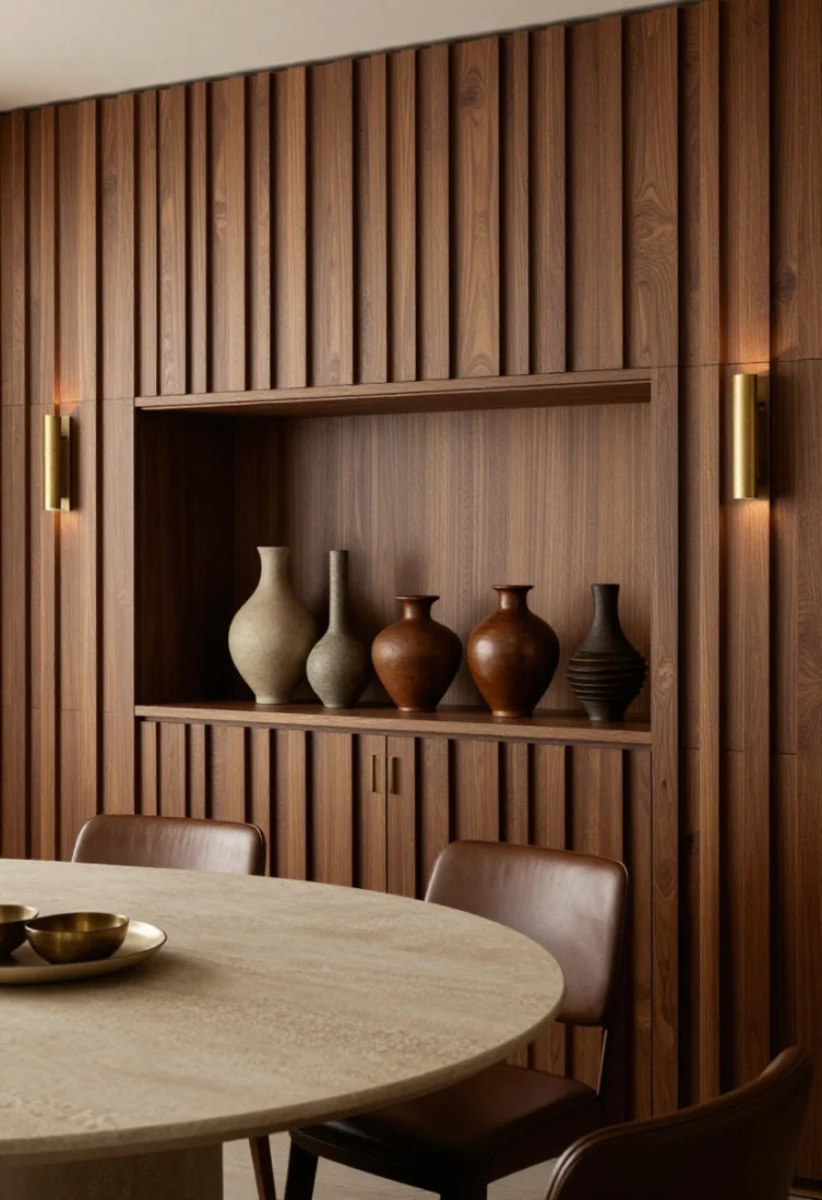 Wide, moody shot of a dining wall wrapped in vertical walnut slat cladding running floor-to-ceiling, finished in matte hardwax oil for a supple, clubby atmosphere; a concealed slim ledge integrated into the cladding displays a rotating curation of sculptural vases; warm metals—aged brass sconces and bronze cabinet hardware—harmonize undertones; wall washers create soft vertical ribbons of light that enhance grain and acoustics; paired with stone tabletop and leather seats for a layered, high-end mix; intimate, tailored, and luxurious.