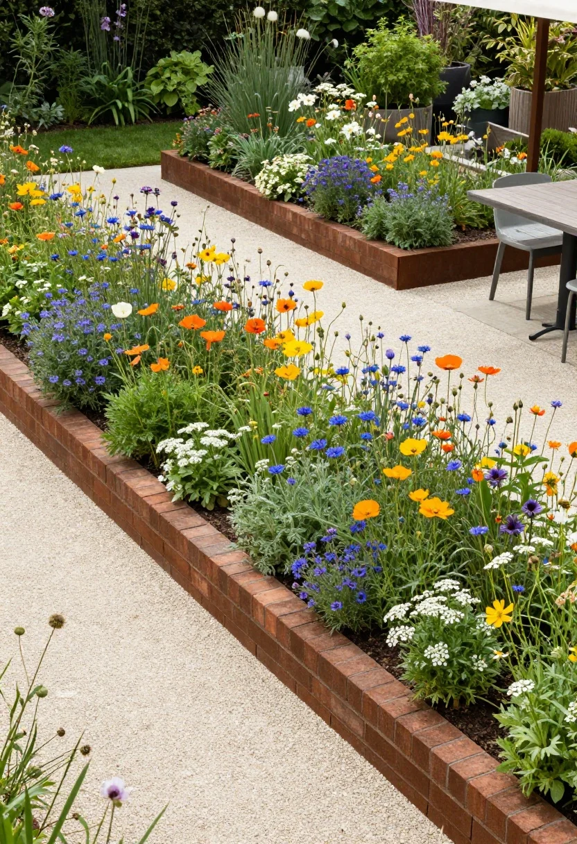 Wide overhead-angled view of a garden scene mixing a wildflower meadow pocket (cornflowers, poppies, yarrow, cosmos) framed by neat brick or corten steel edging, spilling loosely toward a clean, clipped gravel path and a tidy paved bistro nook; self-seeders (verbena bonariensis, nigella, larkspur) colonizing at the edges; drifts in groups of three, five, and seven for rhythm; varied plant density for intentional pauses; refined materials and elevated styling; no people.